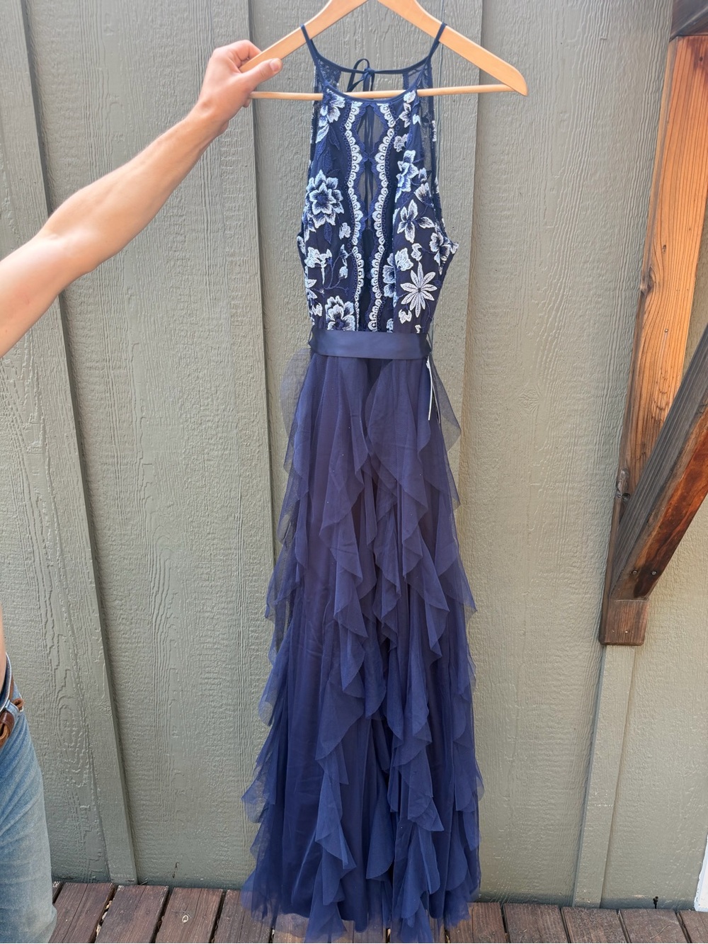 Teeze Me Navy Blue Embroidered Halter Ruffle Tulle Dress for Girls